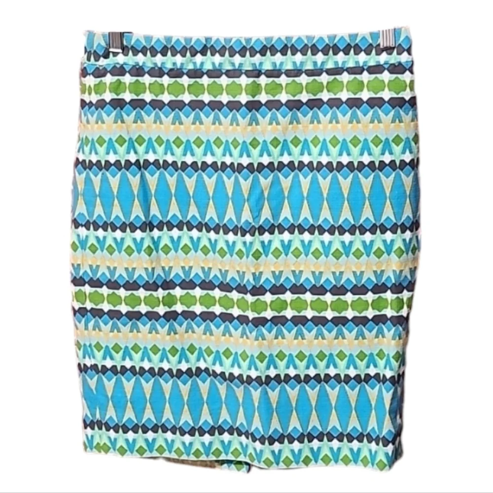 J CREW The Pencil Skirt 6 Midi Blue Geometric Batik Geometric Abstract Art Vibe